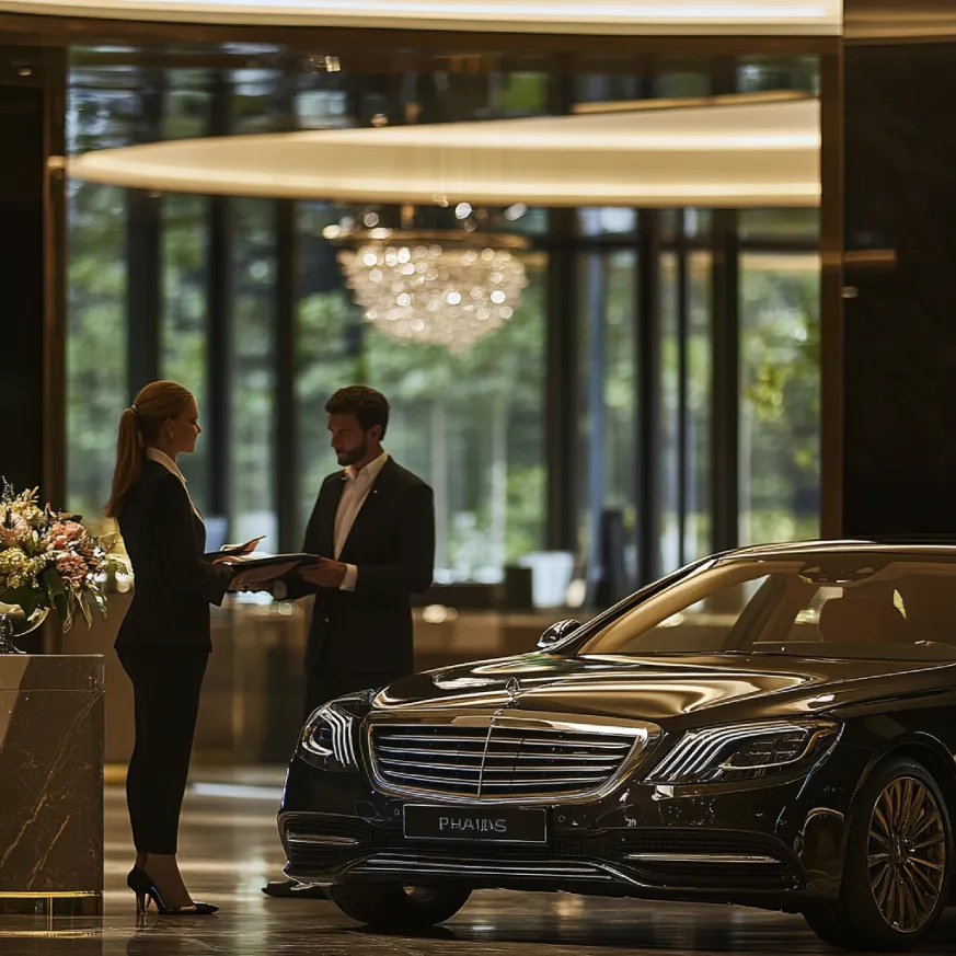 concierge-arranging-transportation-guest-with-luxury-car-waiting-outside